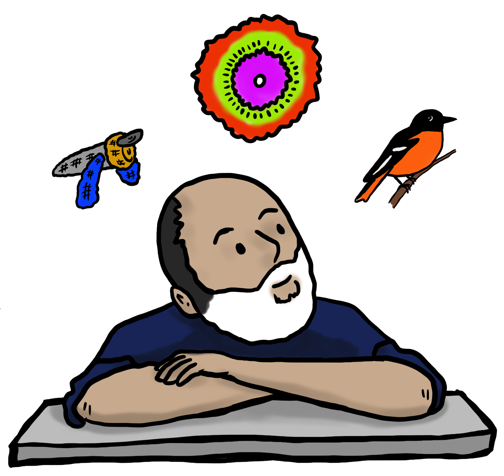 An illustration of RudyPhD leaning on a ledge gazing upwards at a Baltimore Oriole, a planetary nebula, and a crocheted Chandra X-ray Observatory.